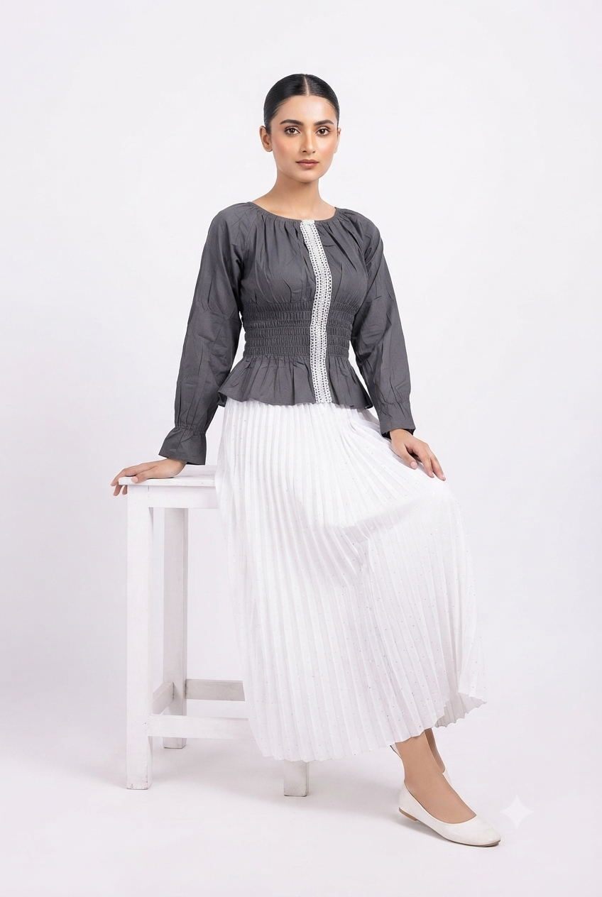 Imported ladies crop gray top skirt 2 piece XS 1666#-529 white S