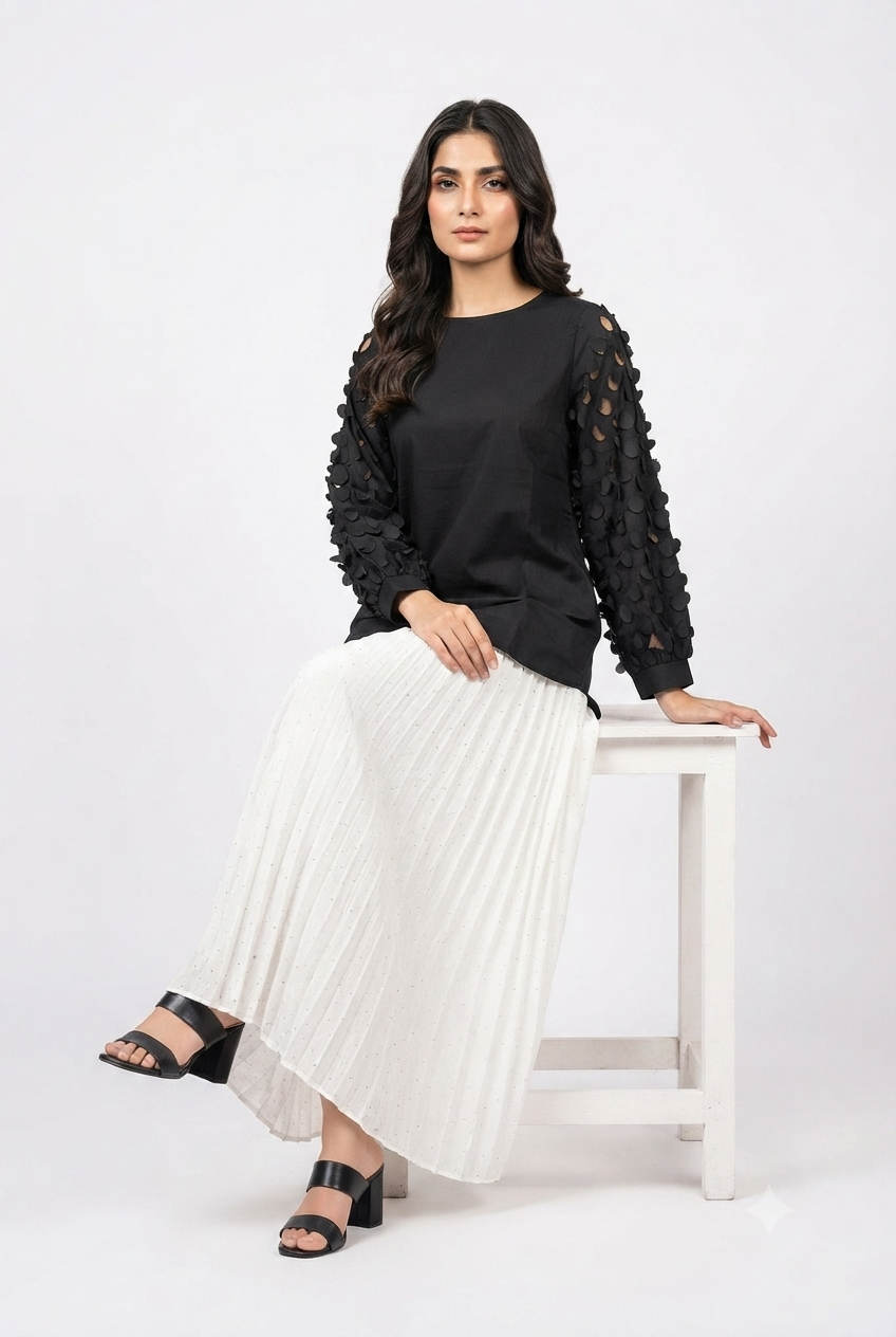 imported ladies black top skirt 2 piece 718#-529 white S