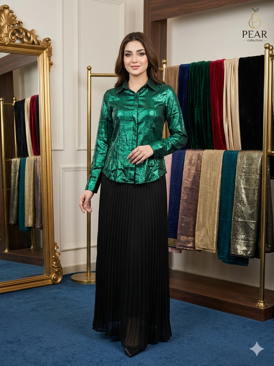 imported ladies gliter shirt green 2 piece 1498-529