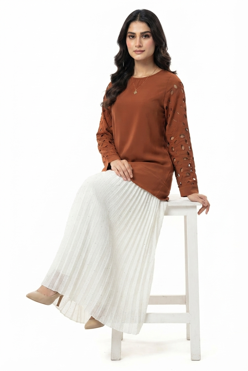 Imported ladies brown top skirt 2 piece 718#-529 white S