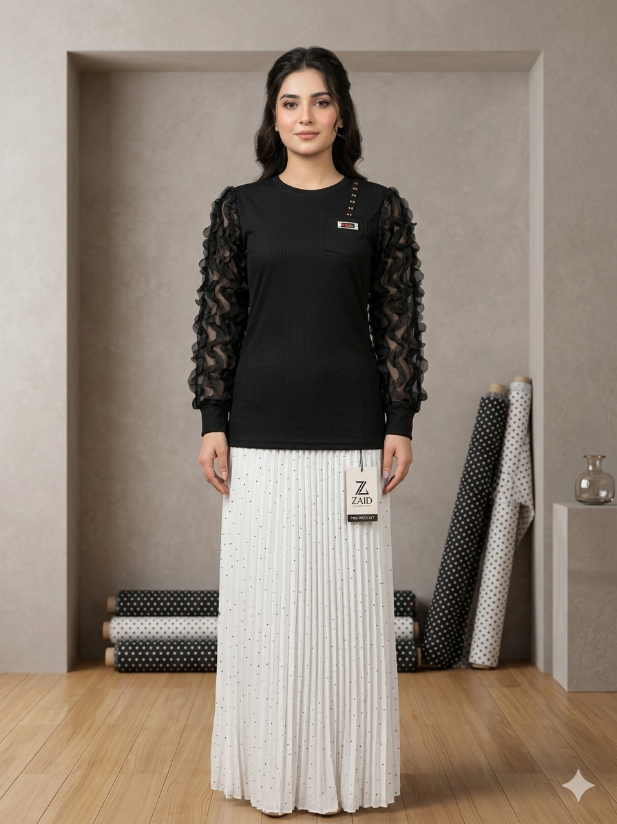 Imported ladies black top skirt 2 piece 759#-529 white S