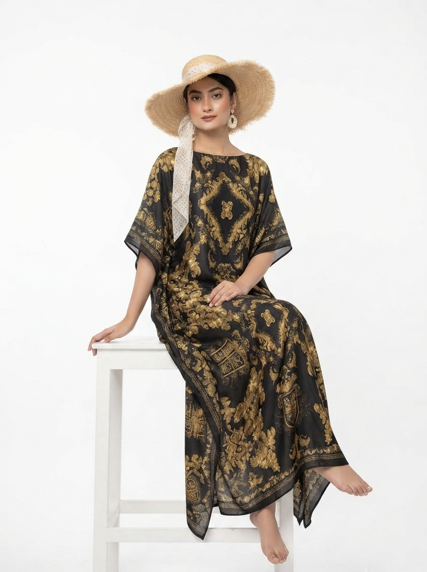 imported ladies silk kaftan black golden print 17474 S