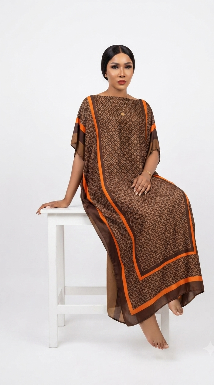 imported ladies silk kaftan brown orange line 17474 S