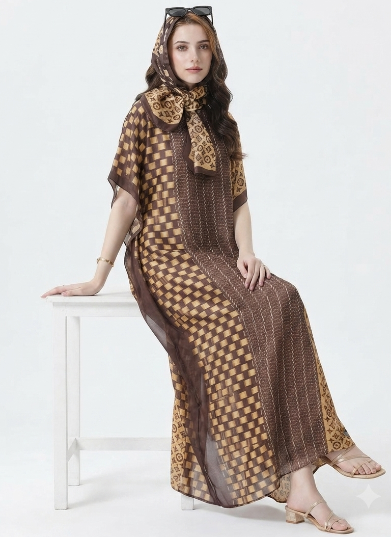 imported ladies silk kaftan brown golden 17474 S