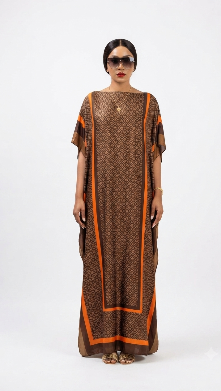 imported ladies silk kaftan brown orange line 17474 S