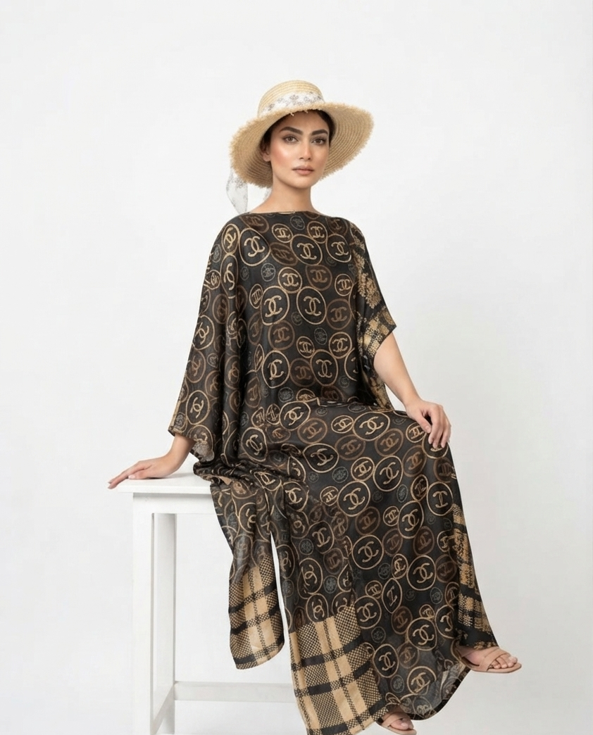 imported ladies silk kaftan black golden white 17474 S