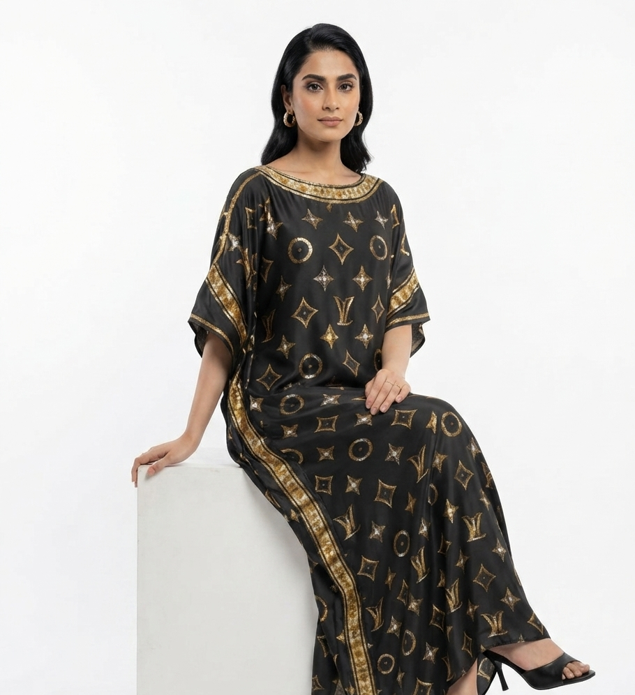 imported ladies silk kaftan black golden 17474 S
