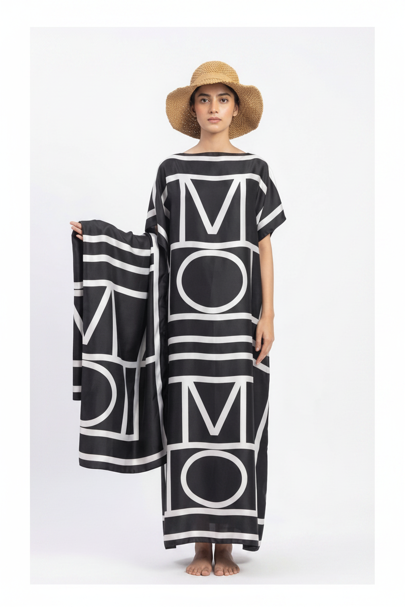 imported ladies silk kaftan black white 17474 S