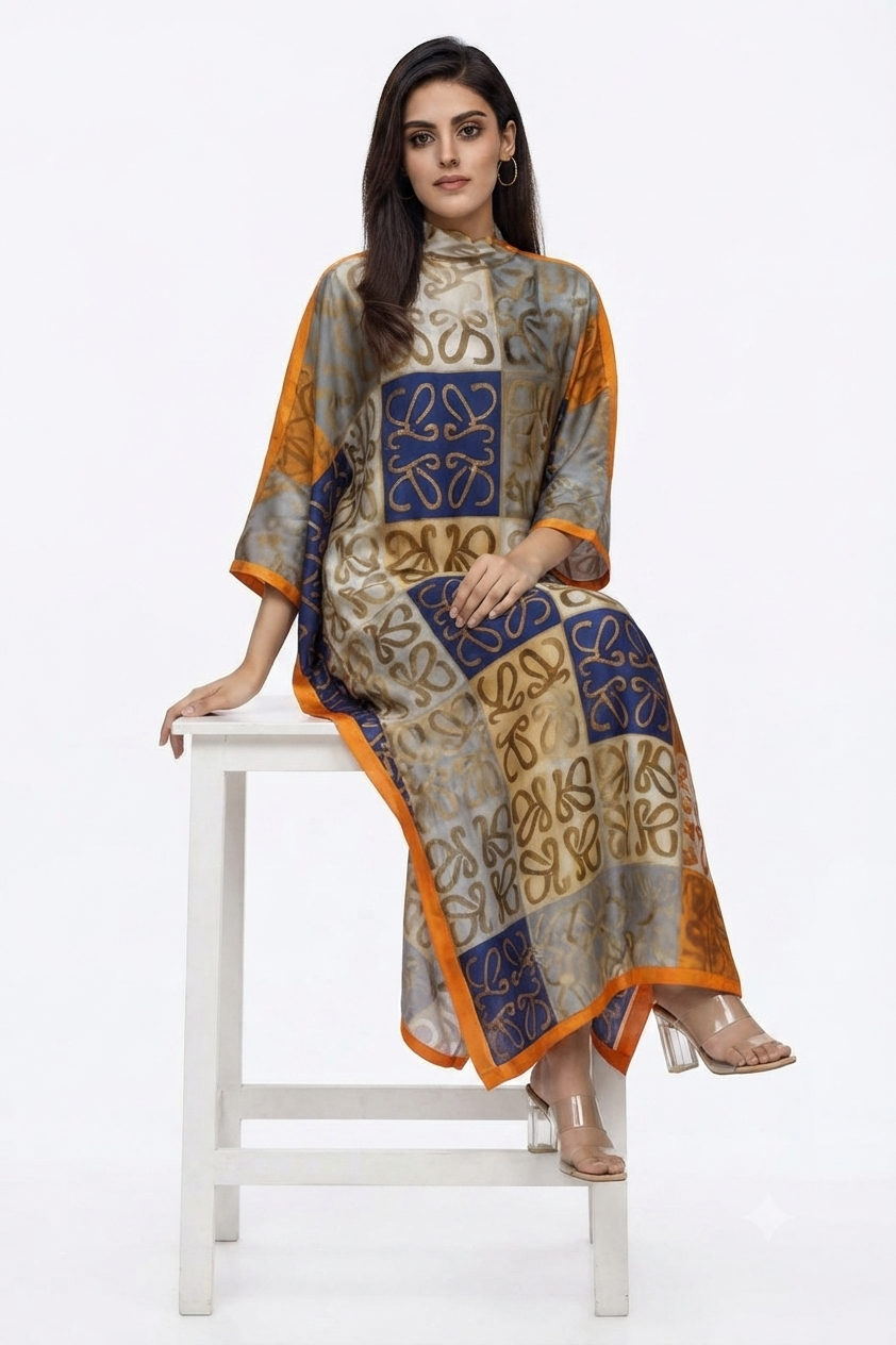 imported ladies silk kaftan gray blue orange 17474 S