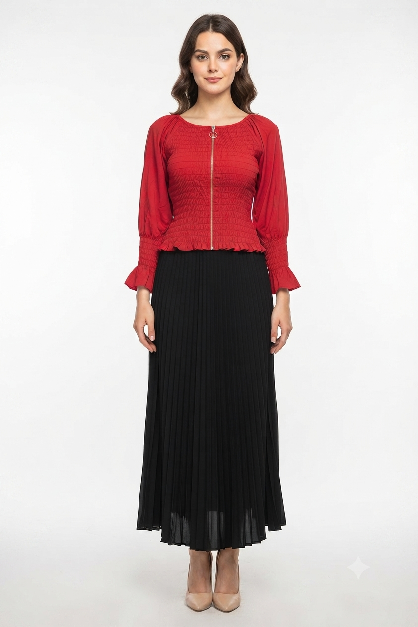 Imported ladies red crop shirt black skirt 2 piece XS 1334# 529 S