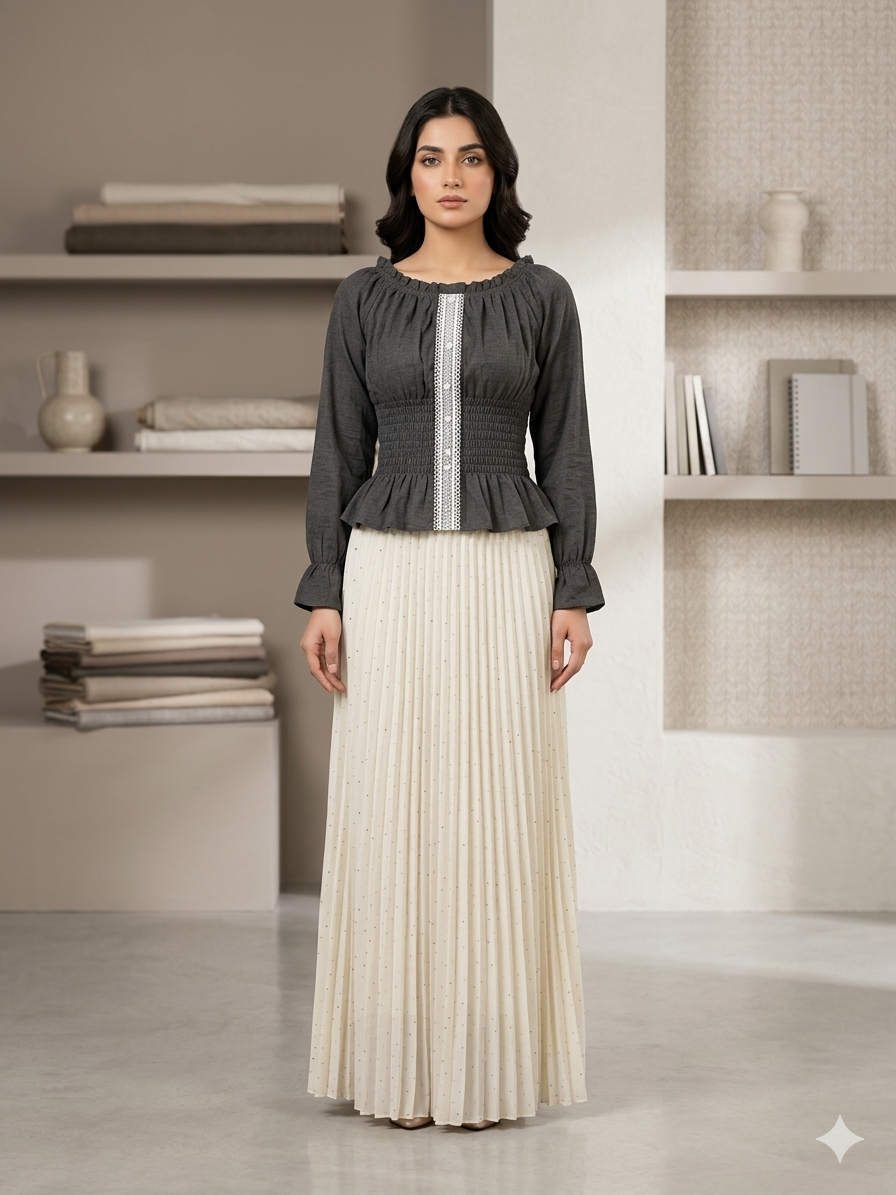 Imported ladies crop gray top skirt 2 piece 1666-529 white