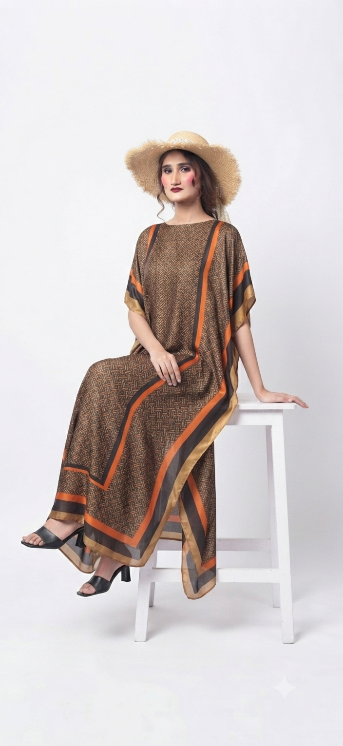 imported ladies silk kaftan brown orange 17474 S