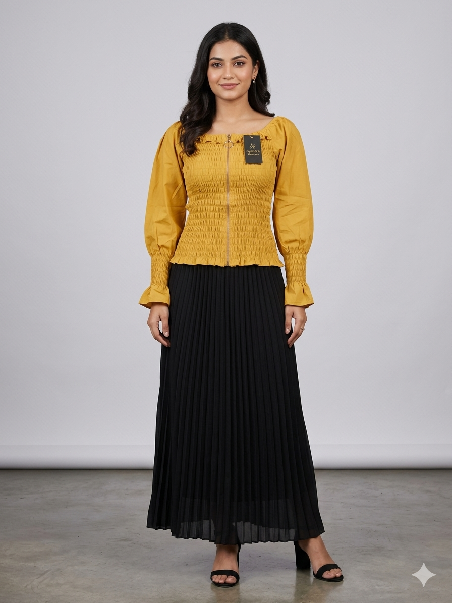 Imported ladies yellow crop shirt skirt 2piece 1666-529