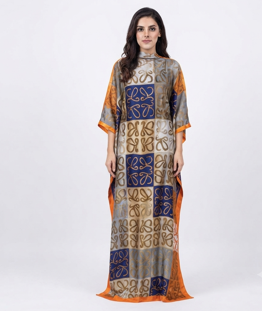 imported ladies silk kaftan blue gray orange 17474