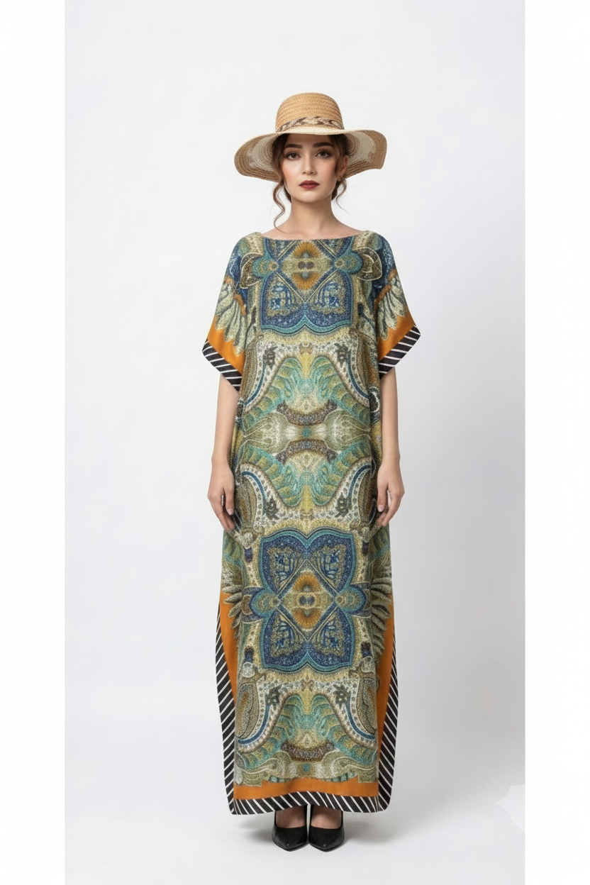 imported ladies silk kaftan green orange line 17474 S