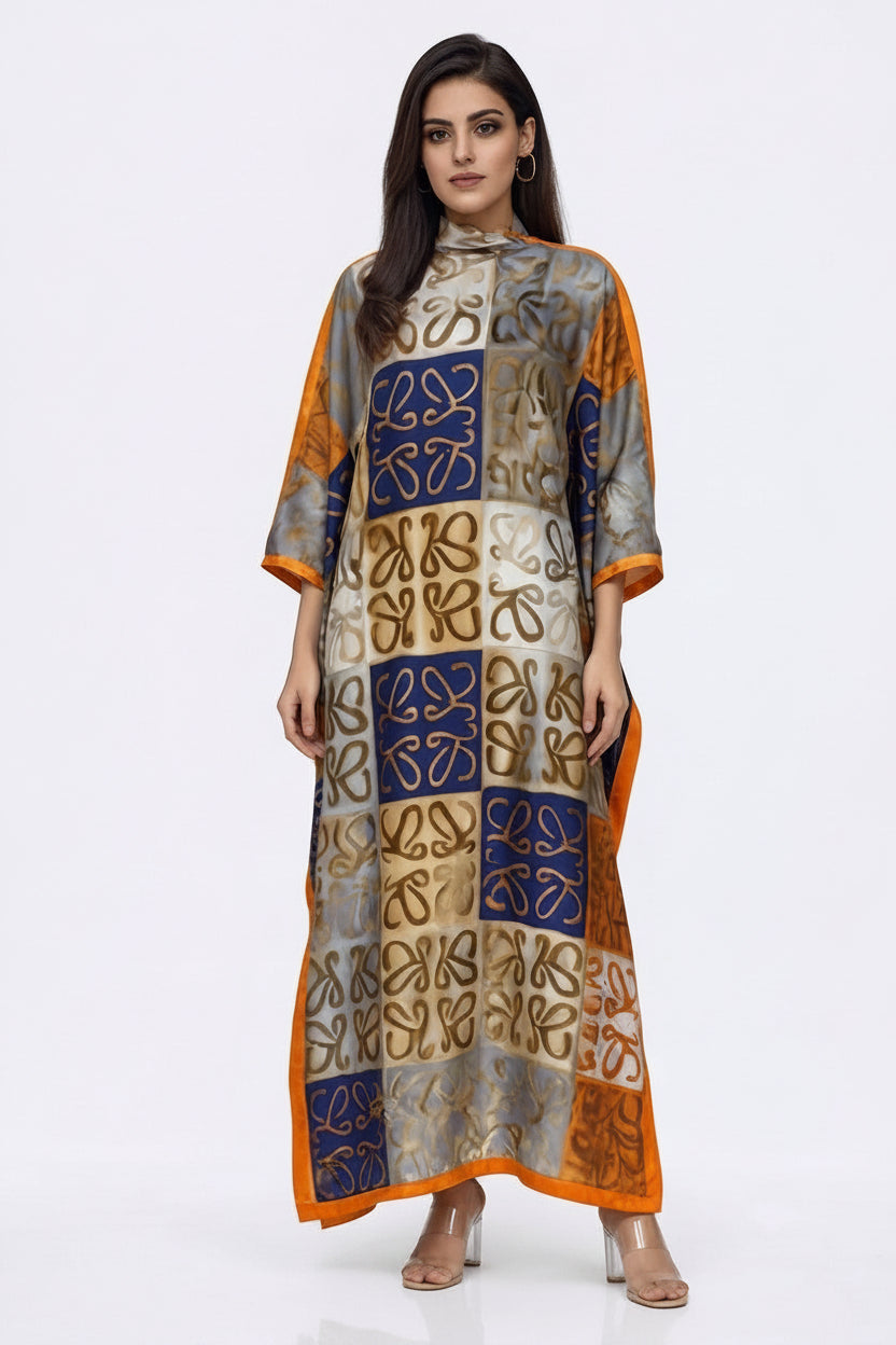 imported ladies silk kaftan gray blue orange 17474 S