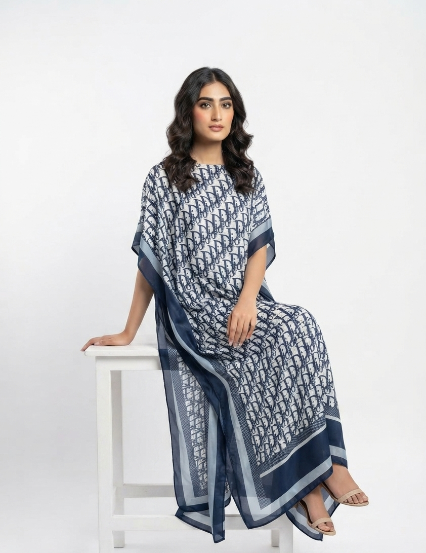 imported ladies silk kaftan blue white 17474 S
