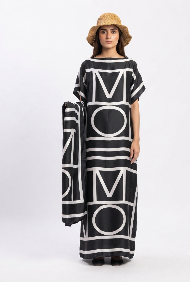 imported ladies silk kaftan black white 17474 S