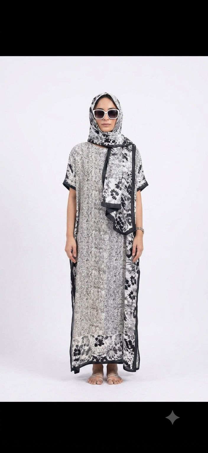 imported ladies silk kaftan off white blue 17474 S