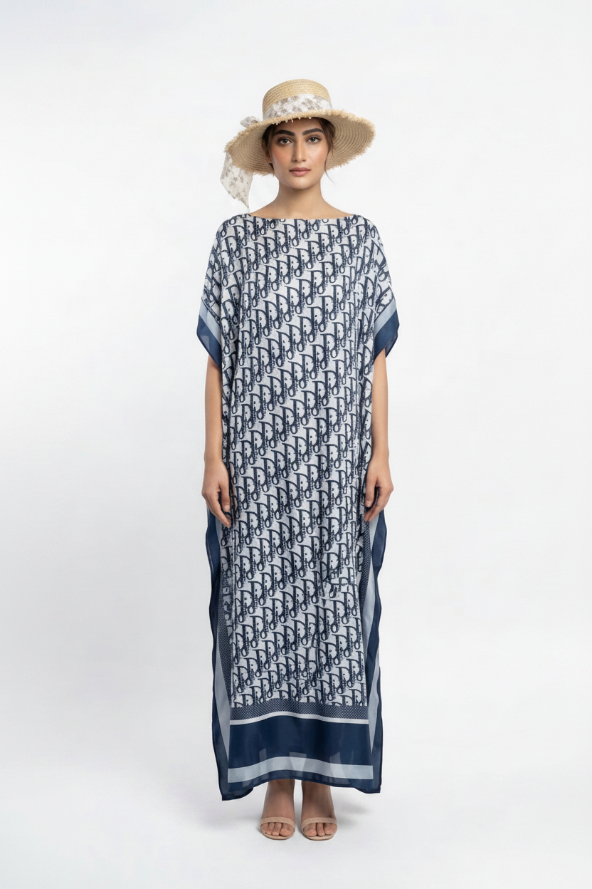 imported ladies silk kaftan blue white 17474 S