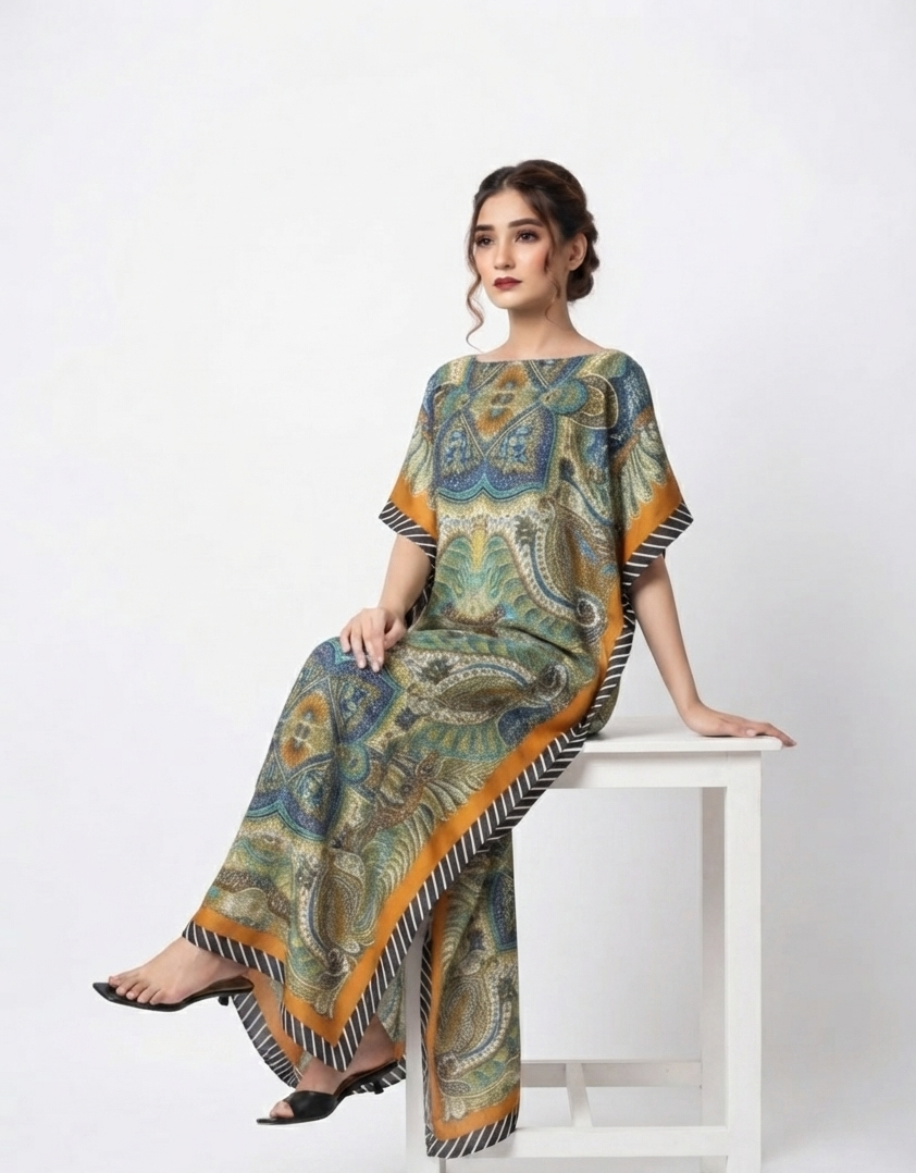 imported ladies silk kaftan green orange line 17474 S