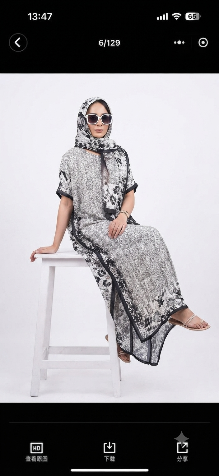 imported ladies silk kaftan off white blue 17474 S