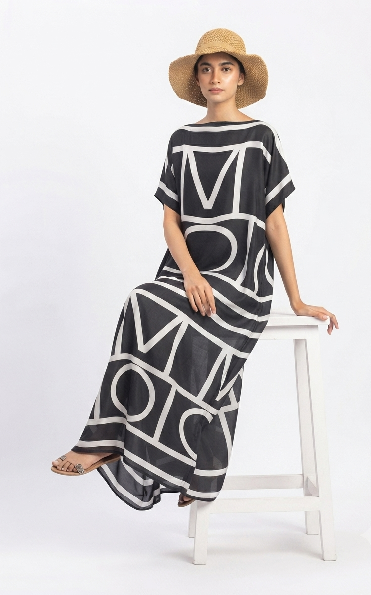 imported ladies silk kaftan black white 17474 S