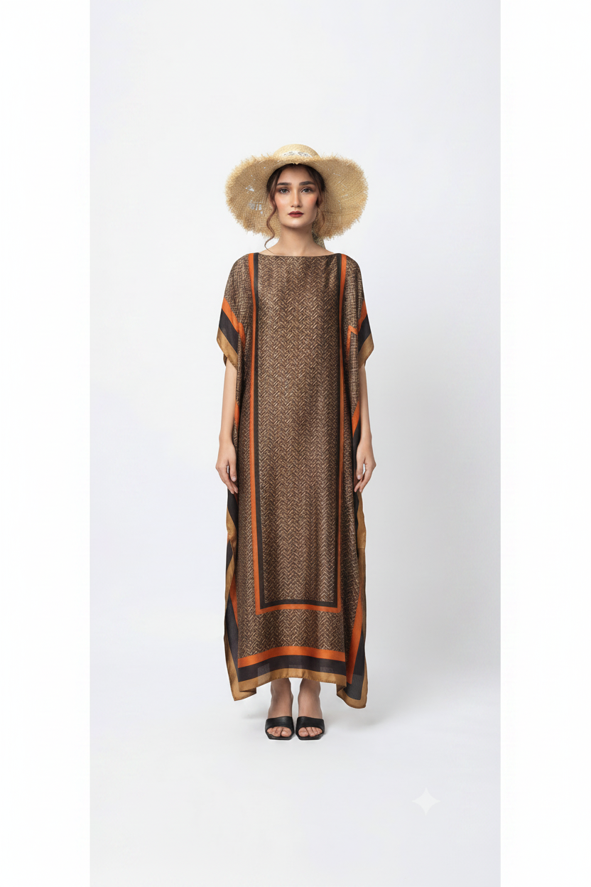 imported ladies silk kaftan brown orange 17474 S