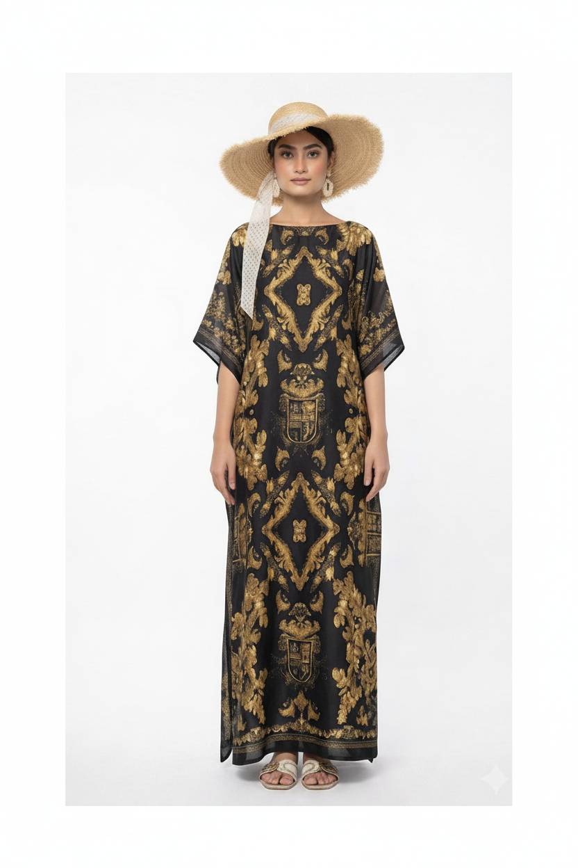 imported ladies silk kaftan black golden print 17474 S