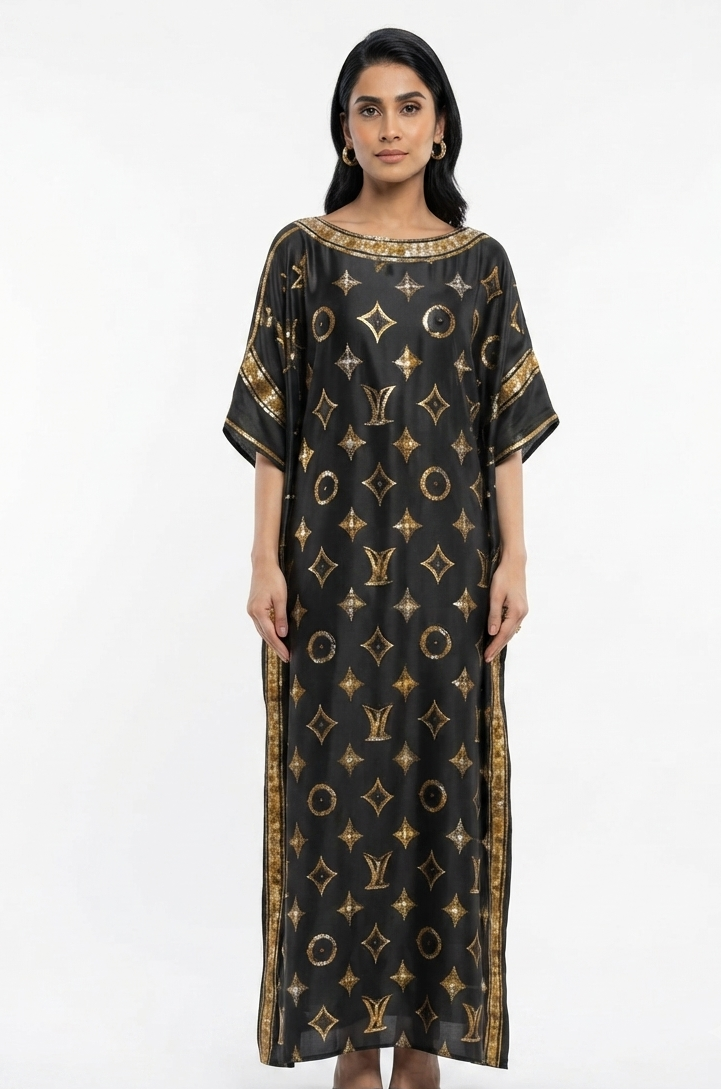 imported ladies silk kaftan black golden 17474 S