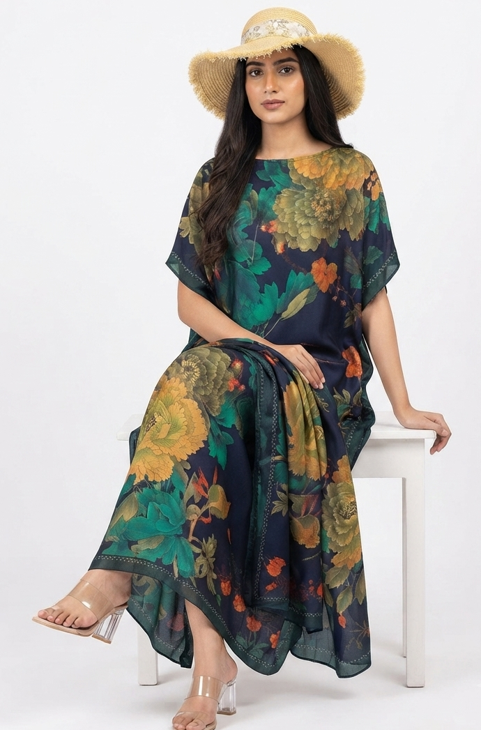 imported ladies silk kaftan blue c green 17474 S
