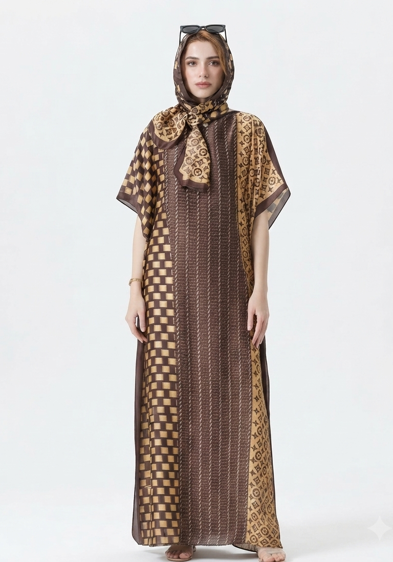 imported ladies silk kaftan brown golden 17474 S