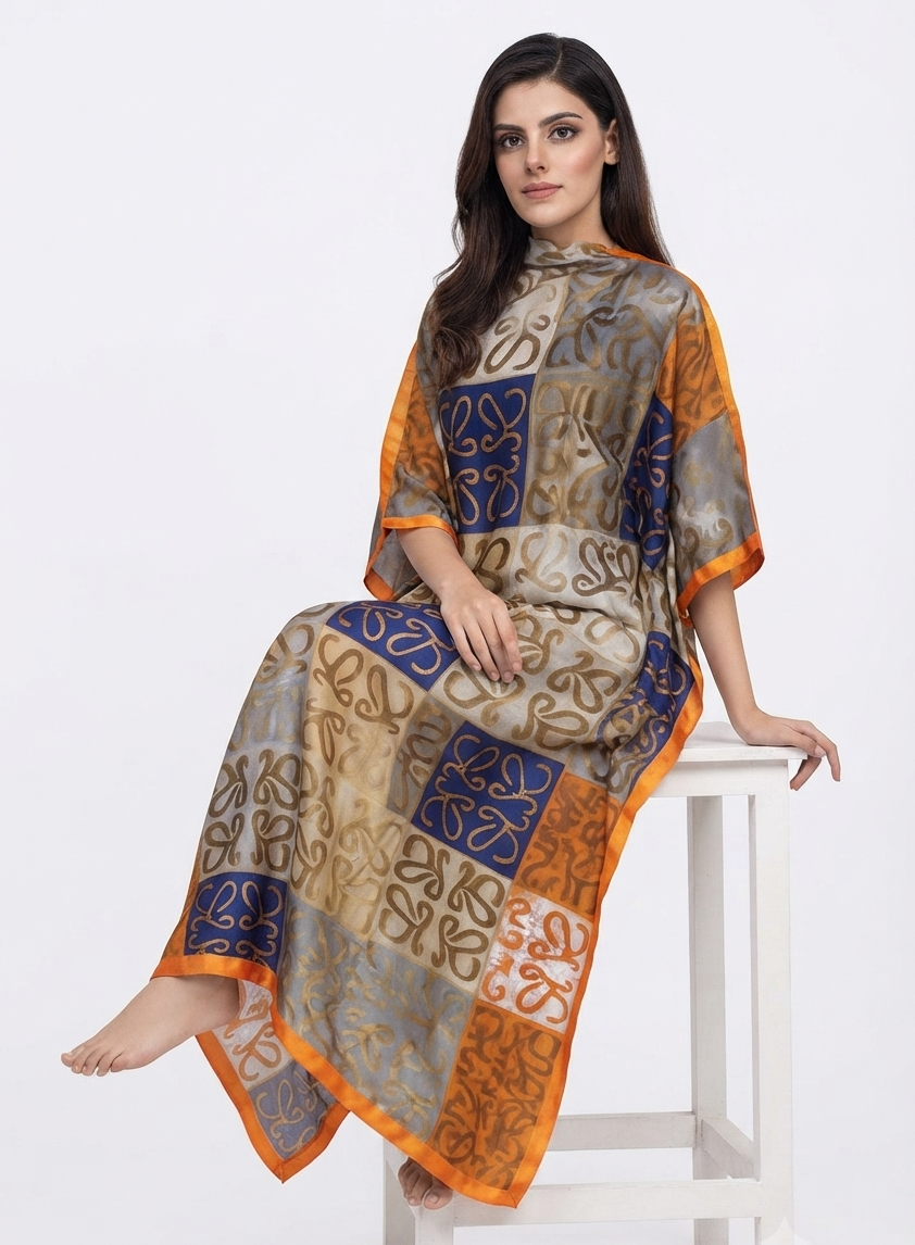 imported ladies silk kaftan blue gray orange 17474
