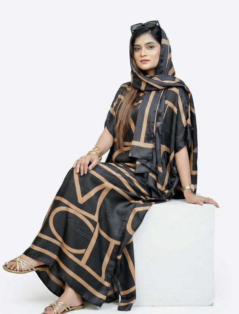 imported ladies silk kaftan golden black 17474 S