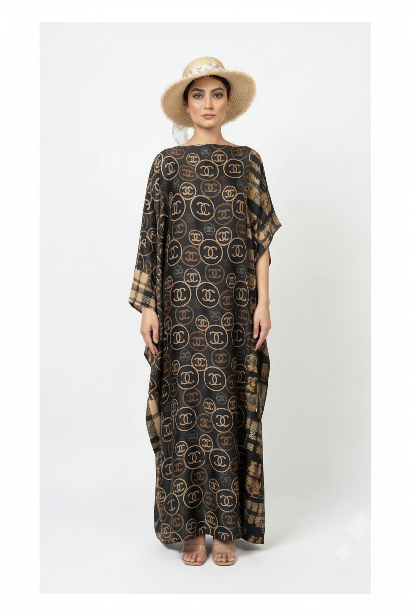 imported ladies silk kaftan black golden white 17474 S
