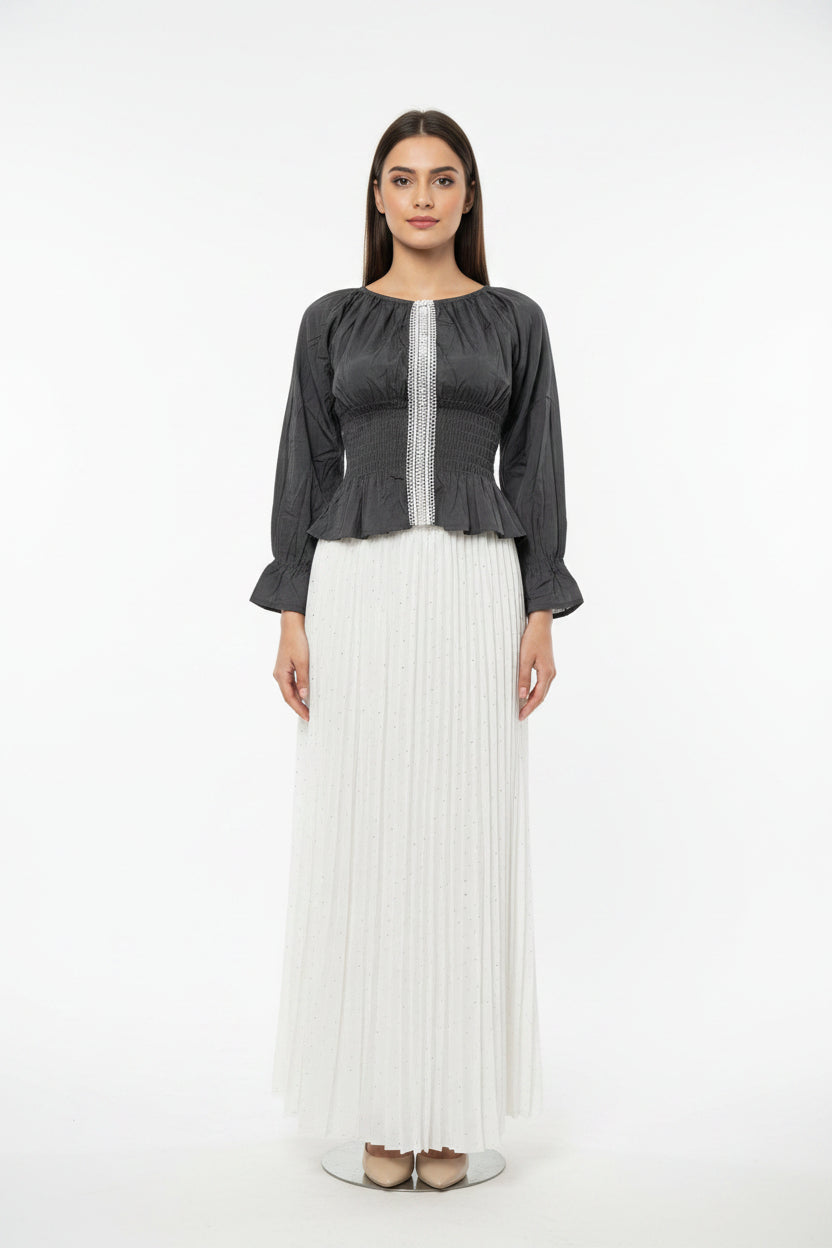 Imported ladies crop gray top skirt 2 piece 1666-529 white